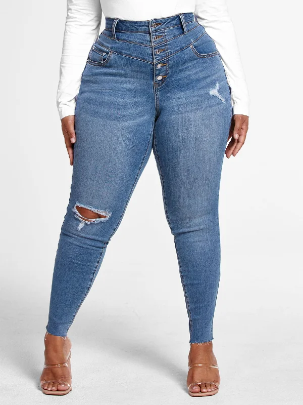 Medium Wash High Rise Button Fly Skinny Jeans - Tall Inseams