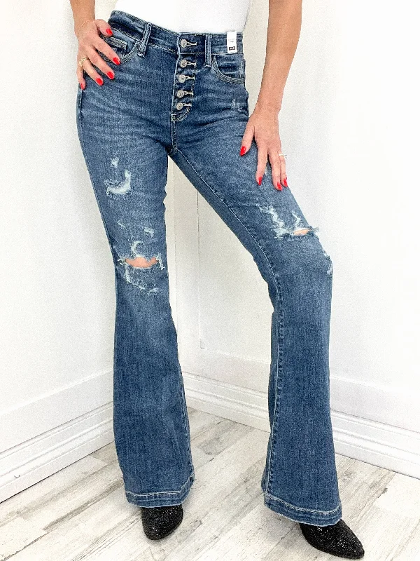 Judy Blue LUNA Button Fly Distressed Trouser Denim Jeans