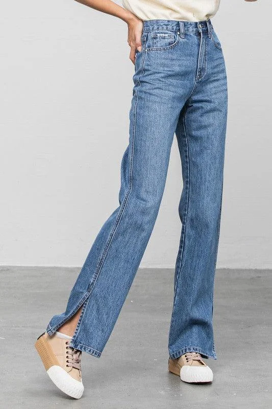 High Waist Straight Jeans with Ankle Slit