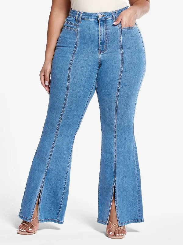 High Rise Flare Jeans with Front Slit - Short Inseam