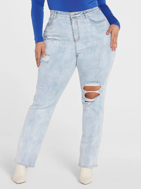 High Rise Ripped Knee Straight Leg Jeans