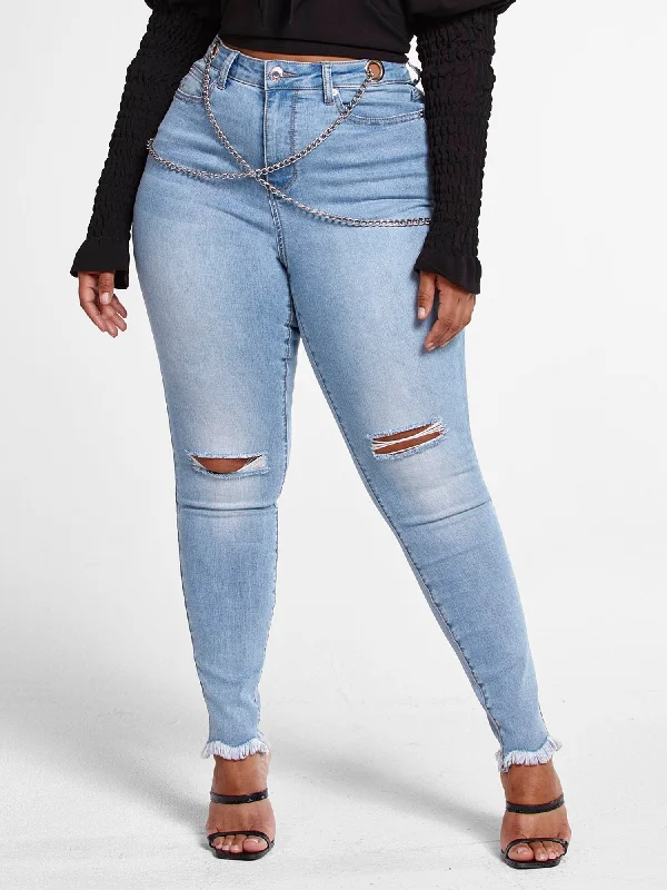 Light Wash High Rise Skinny Jeans with Chain Detail