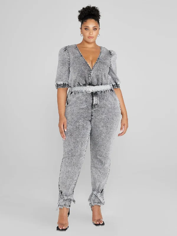 Hannah Belted Acid Wash Denim Jumpsuit