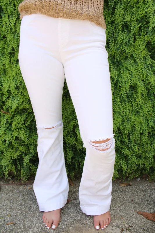 Jelly Jeans Pull On Flares with Knee Slits | White