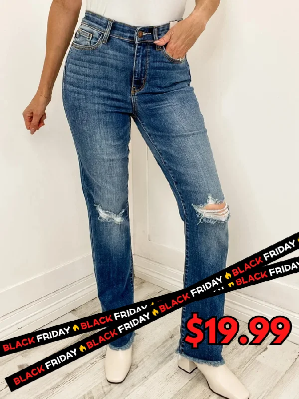 The Madison High Waist Distressed Knee and Fray Hem Straight Jean