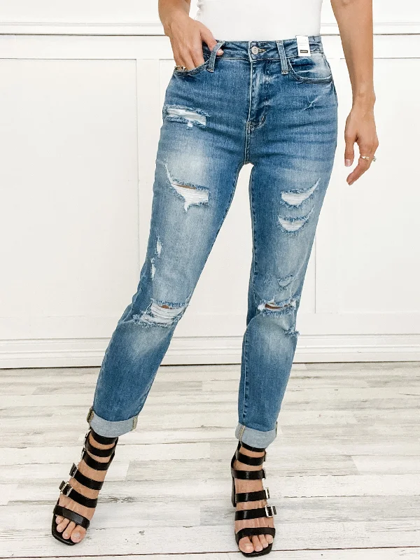 Judy Blue CRUEL SUMMER Hi-Rise Cuffed Boyfriend Distressed Denim Jeans