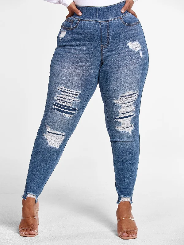 High Rise Medium Wash Destructed Jeggings - Tall Inseam