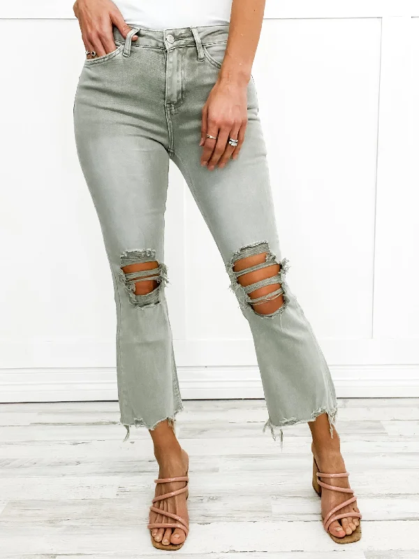 Vervet High Rise Cropped Flare Jeans in Moss Green