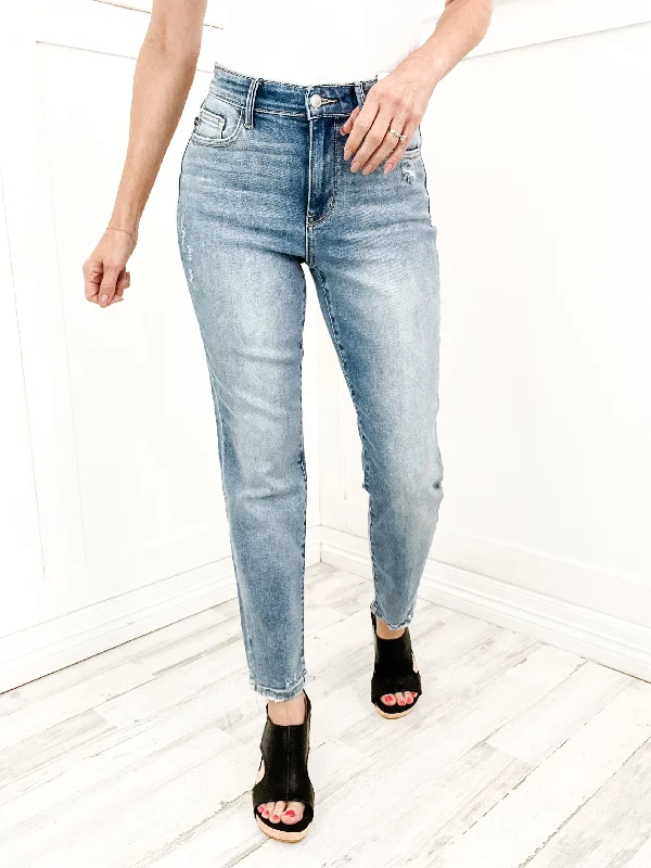 Judy Blue "Kasey" Hi-Waist Destroy & Back Hem Dart Slim Denim Jeans