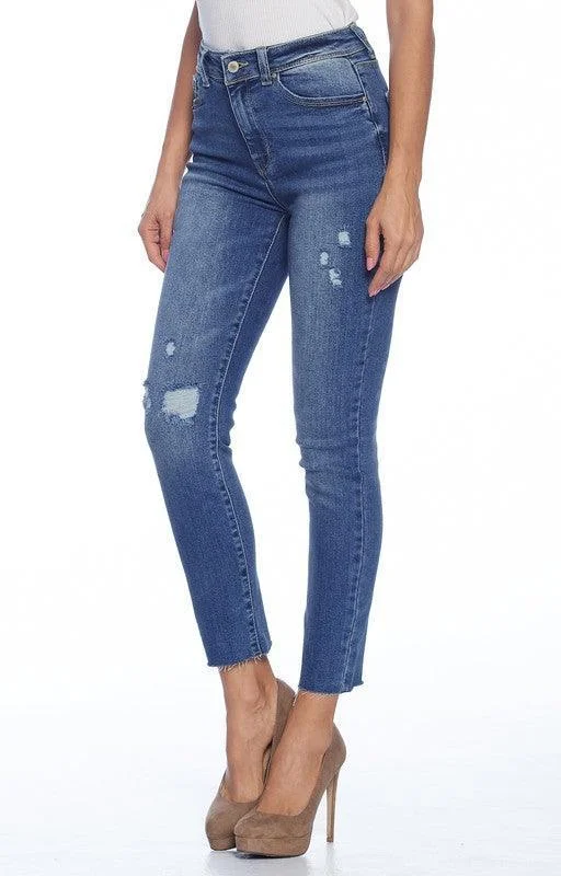 High Rise Lady Ripped Knee Straight Leg Jeans-Dark