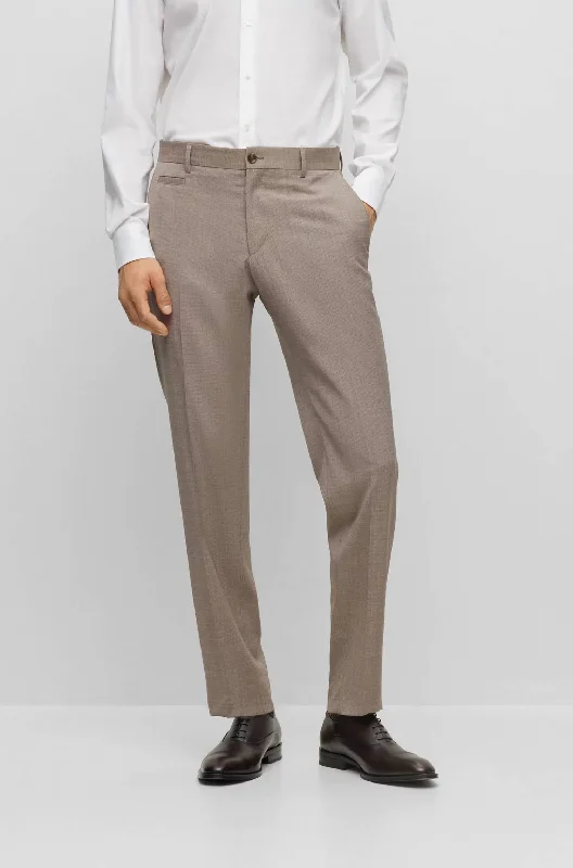 Slim Fit Trousers Flat Front Micro Patterned Virgin Wool In Beige