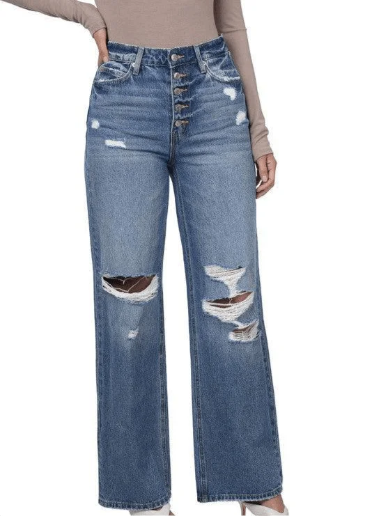 Super High Rise Wide Leg Button Fly Distressed Jeans