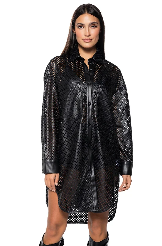 LASER CUT VEGAN LEATHER BUTTON DOWN DRESS