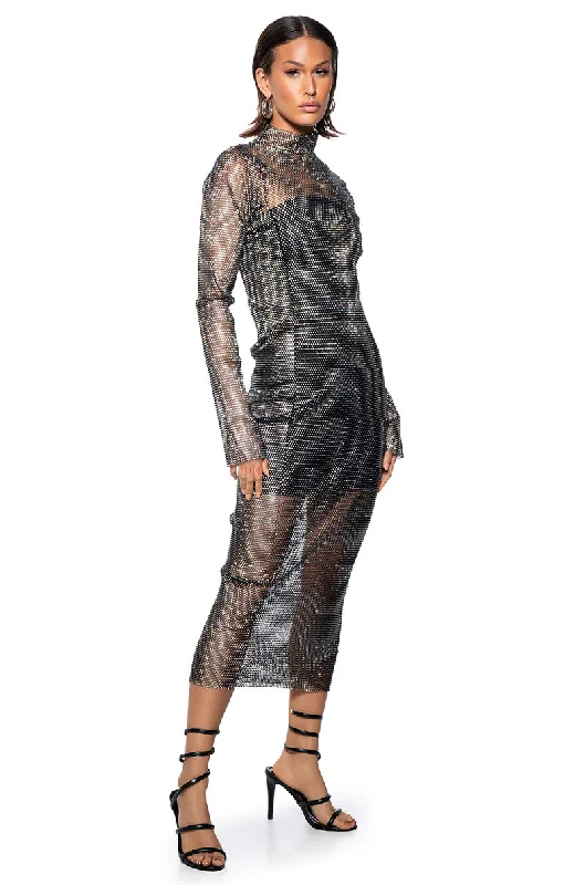 BLING BLING RHINESTONE MESH MIDI DRESS