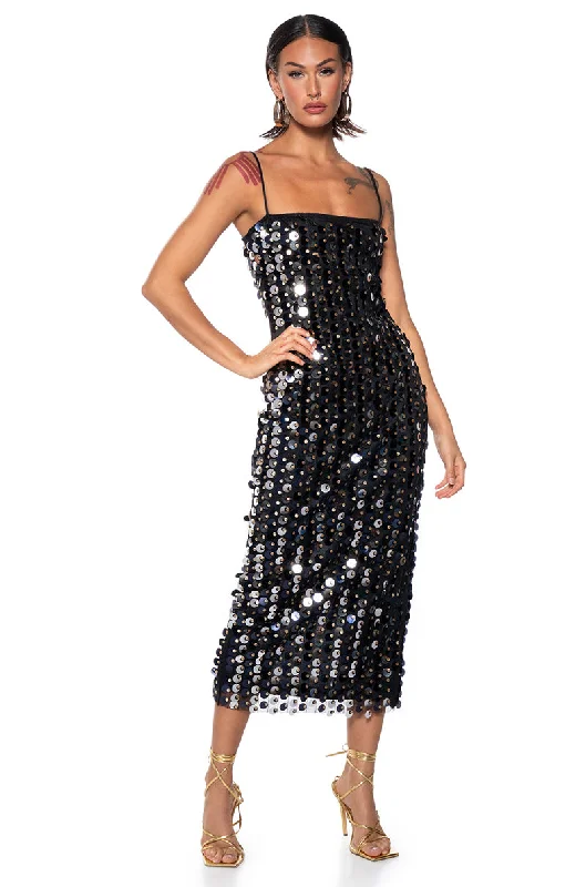 GOLD COIN SEQUIN MIDI DRESS