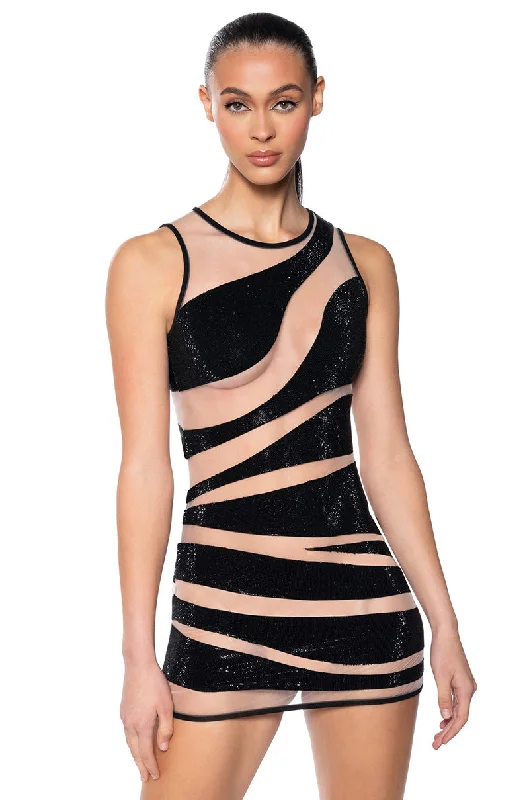 NADINE ILLUSION RHINESTONE MESH MINI DRESS