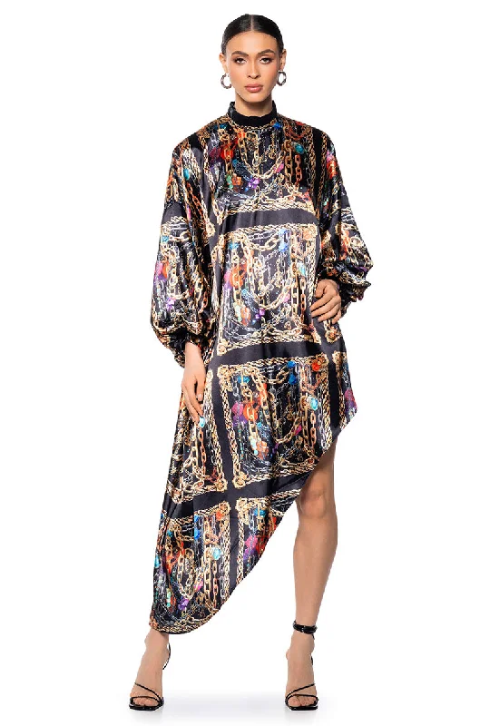 TROPICAL VACAY PRINTED SATIN MAXI DRESS