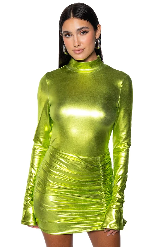 IT GIRL METALLIC MINI DRESS IN GREEN