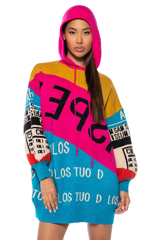 LOUD AND PROUD PULLOVER HOODED SWEATER DRESS IN BLUE