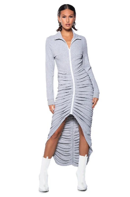 RUCHED HIGH LOW MIDI DRESS