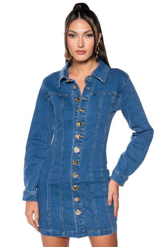 DON'T PUSH MY BUTTONS DENIM MINI DRESS