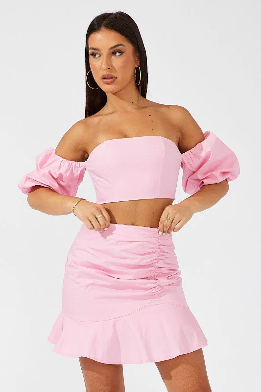 Pink Mini Skirt Ruched Detail Ruffle Hem