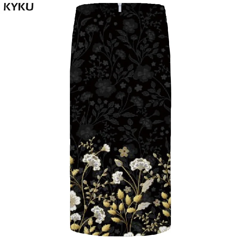 KYKU Flower Skirts Women Black 3d Print Leaves Casual Retro Pencil Floral Sexy Ladies Skirts Womens Funny Sundresses