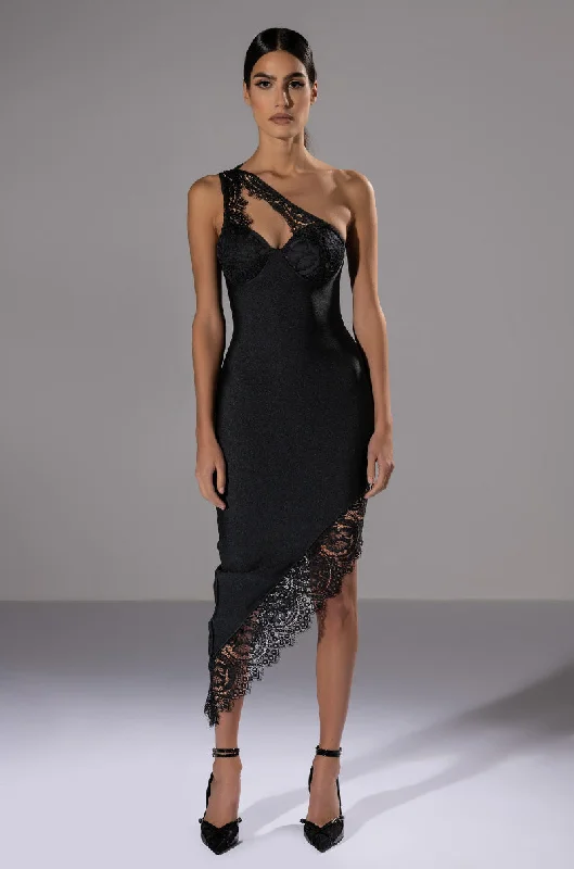 IMANI ASYMMETRICAL LACE DETAIL BANDAGE MIDI DRESS