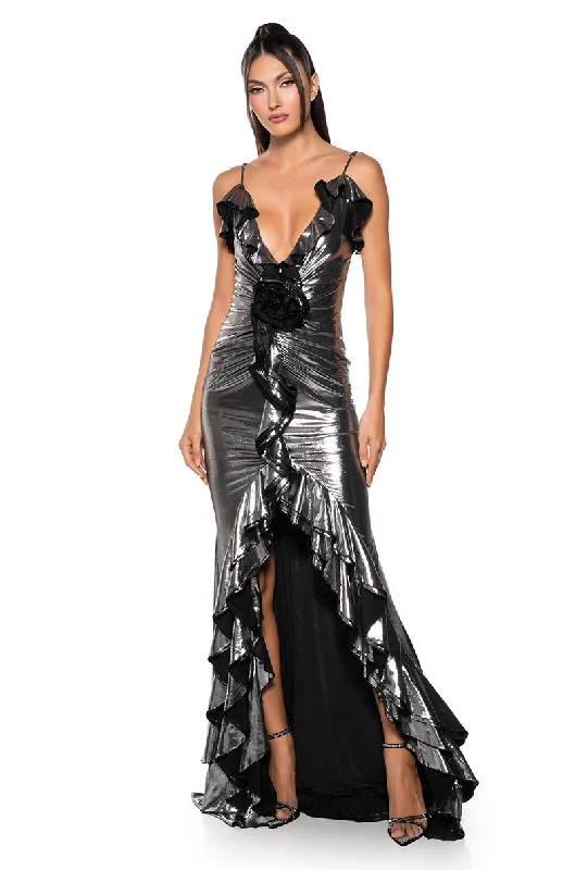 BELLE OF THE BALL METALLIC MAXI DRESS