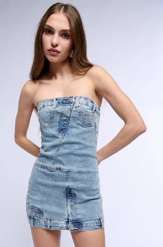 SEEING DOUBLE STRAPLESS DENIM MINI DRESS