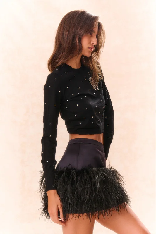 Viviette Feather Mini Skirt - BLACK