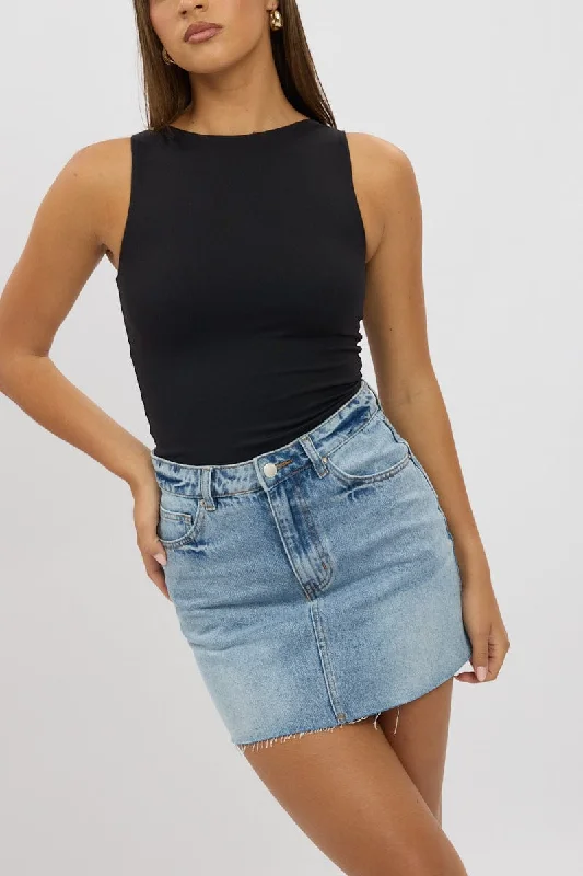 Denim Denim Mini Skirt Mid Rise Raw Edge