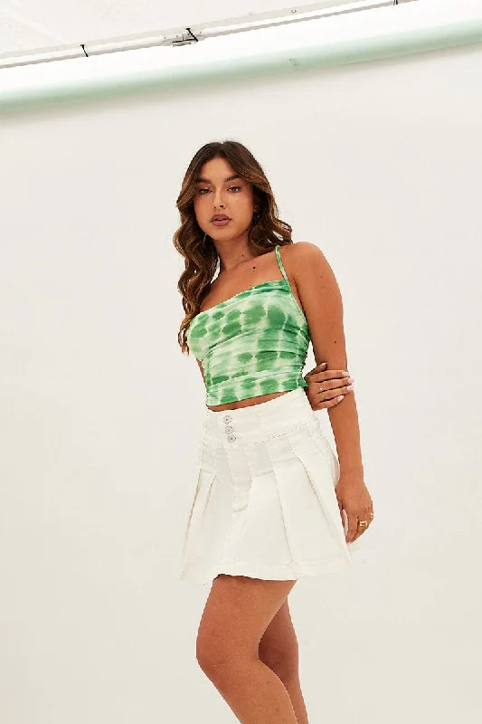 White Mid Rise Pleated Denim Mini Skirt