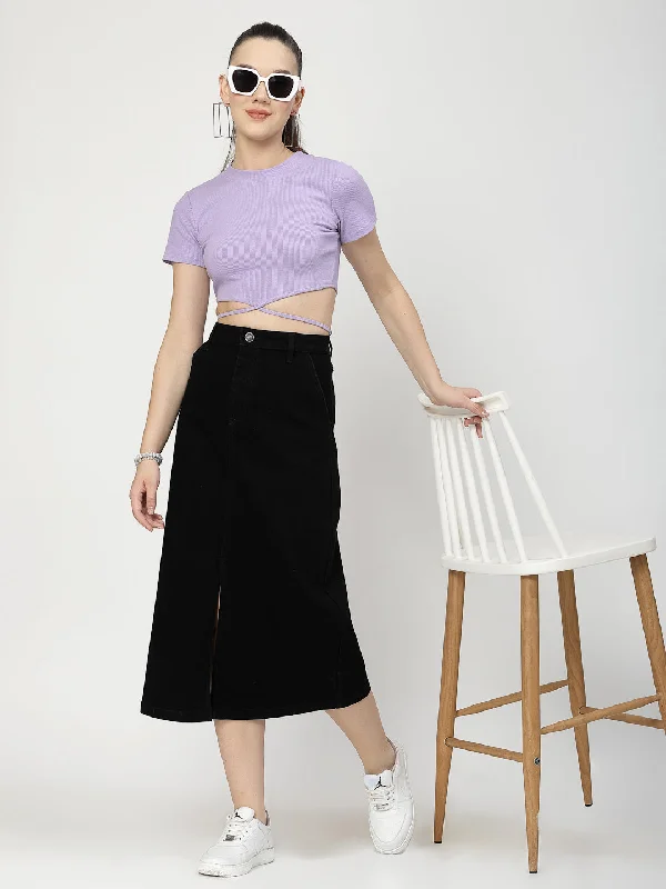 Front Slit Black Cotton Denim Midi Skirt With Pocket