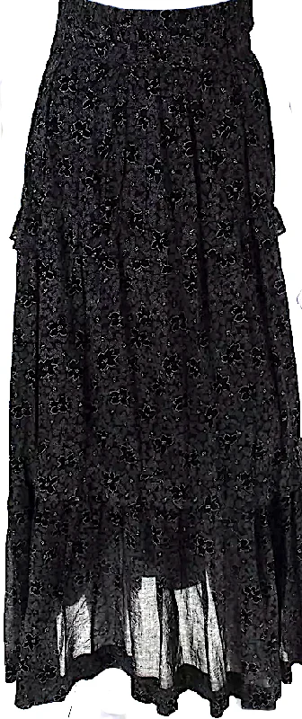 Etoile Isabel Marant Paris. Black Cotton Floral Print Tiered Maxi Skirt