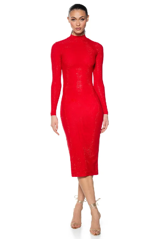 KEEP WALKIN RHINESTONE MIDI DRESS IN RED