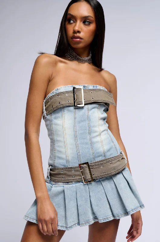 COOL GIRL CLUB BELTED DENIM MINI DRESS