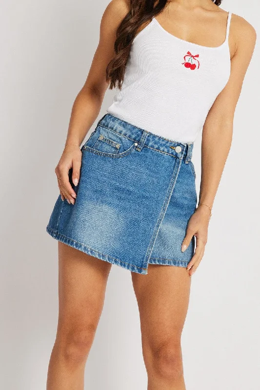 Denim Asymmetric Skirt Mid Rise Wrap Mini