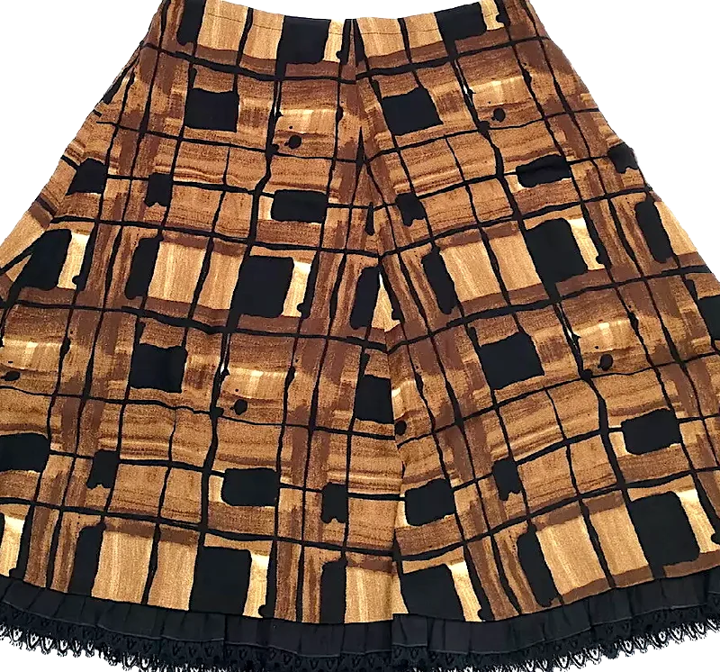 Prada Italy. Vintage Light Brown Abstract Print Rayon Rare Wide Flare Skirt