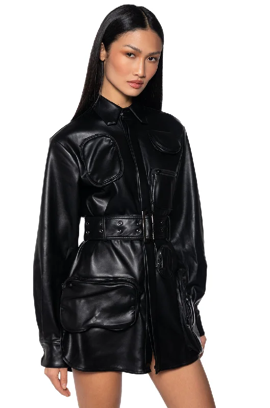 CASPIAN FAUX LEATHER BELTED UTILITY MINI DRESS