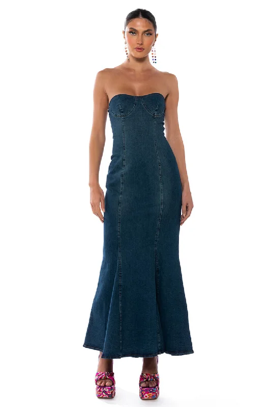 JENNA FLARE DENIM MAXI DRESS